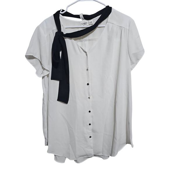 Cato Blouse Womens Plus Size 14/16w White Black W Tie Neck Semi Sheer Top (899) - Picture 1 of 6